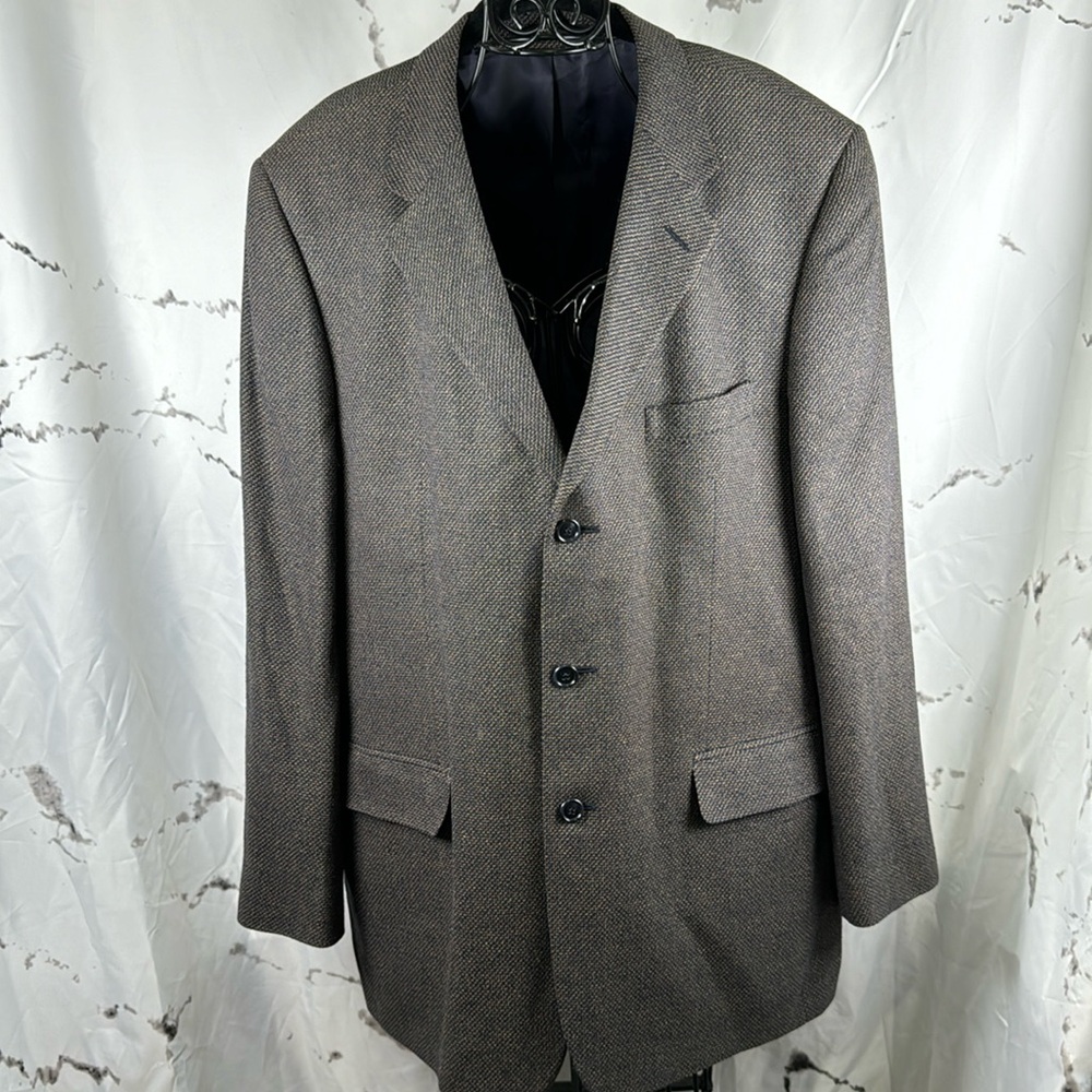 Versini Single Breast Silk Blazer Sport Coat Fine Houndstooth Print Blue & Tan